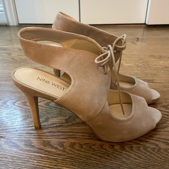 Nine West Shoes - Nine West taupe suede lace up open toed heels. Size 8.5